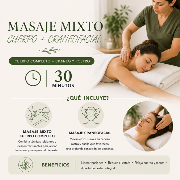 Masaje Mixto Cuerpo Completo + Craneofacial (30 minutos)